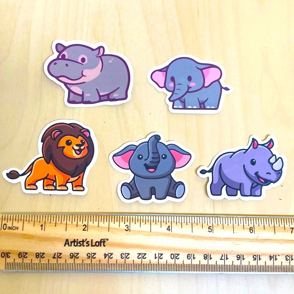 10/$10 or $1 BUNDLE: 5 WATERPROOF Chunky African Animals Stickers 🦛 🐘 🦁 🦏